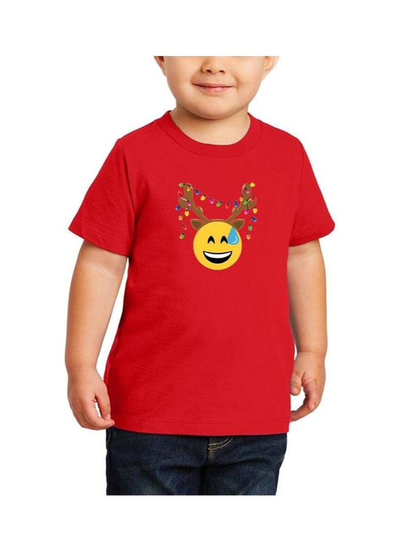 PRINTSHOP4ME - Christmas Emoji Kids Red T-Shirt For Boys–Soft Cotton Round Neck Short Sleeve T-Shirt With Smiley Face Emoji–Great For Parties - Image 1