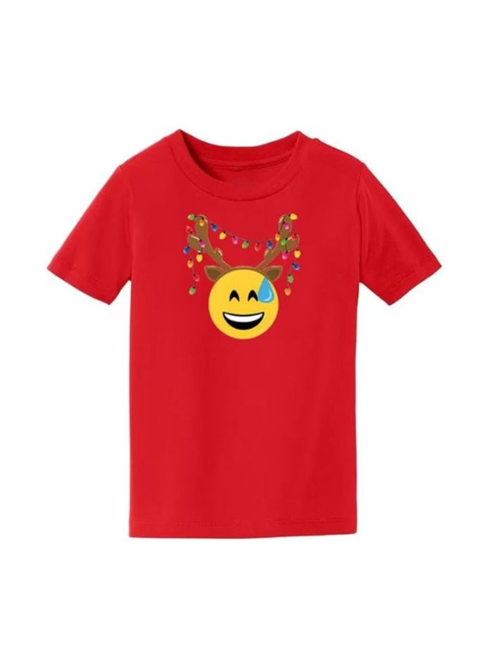 PRINTSHOP4ME - Christmas Emoji Kids Red T-Shirt For Boys–Soft Cotton Round Neck Short Sleeve T-Shirt With Smiley Face Emoji–Great For Parties - Image 1