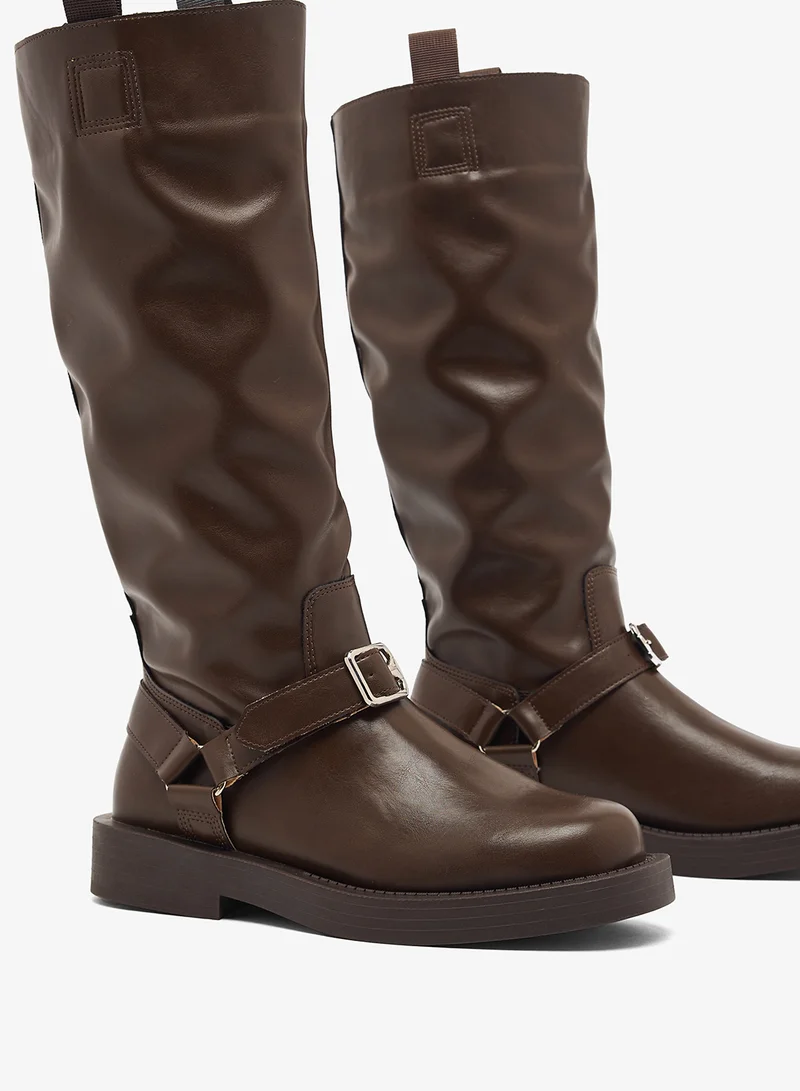 Ella Brown Block Heel Platform Boots with Buckle Detail for Women | Best Price UAE