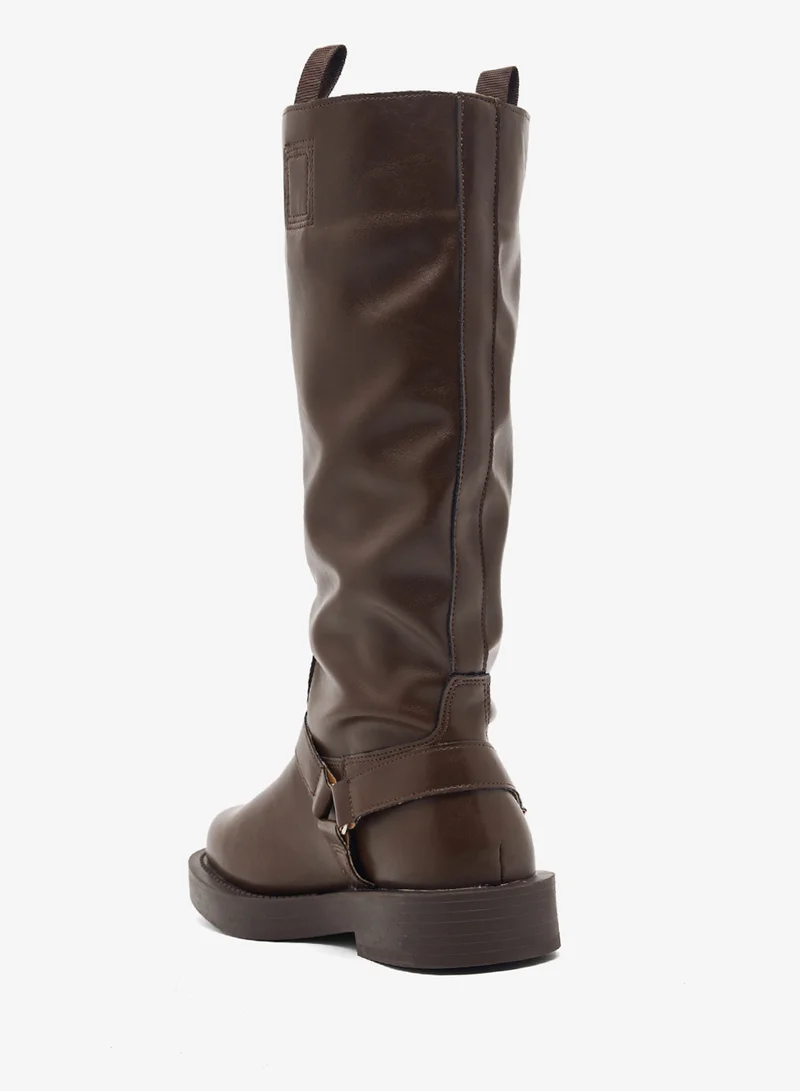 Ella Brown Block Heel Platform Boots with Buckle Detail for Women | Best Price UAE