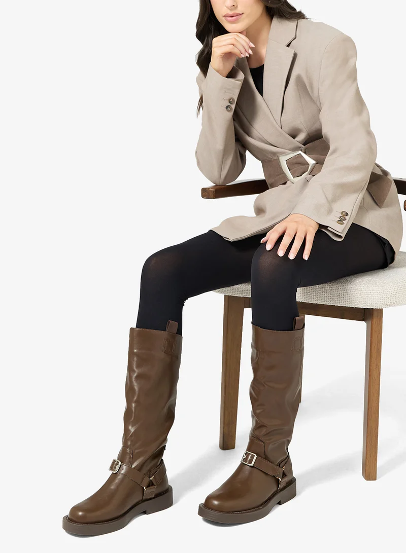 Ella Brown Block Heel Platform Boots with Buckle Detail for Women | Best Price UAE