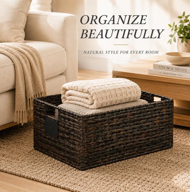 Homesmiths Mocha Water Hyacinth Storage Basket with Handle – Large, L 44 X B 30 X H 20 cm, Eco-Friendly Woven Seagrass Basket for Home Organization, Bedroom, Living Room, Bathroom & Toy Storage - Image 3