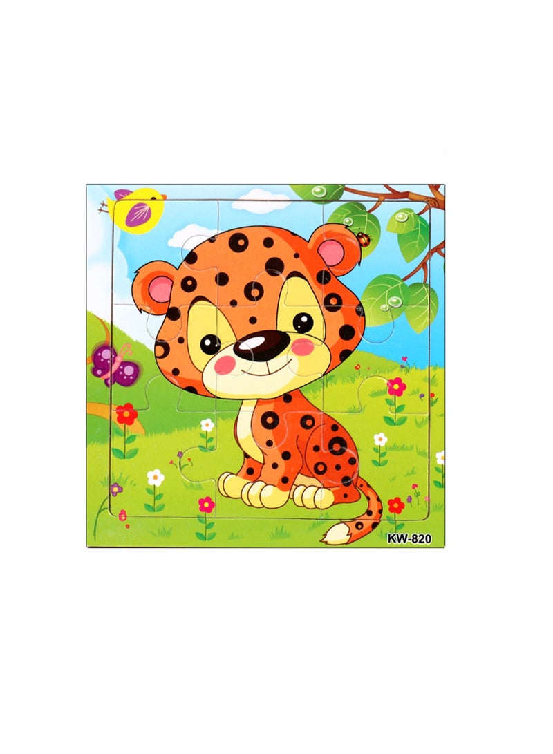 Children's Educational Wooden Cartoon Leopard Jigsaw Puzzles Suitable Gift 14.8CM*14.8CM Bag Pack