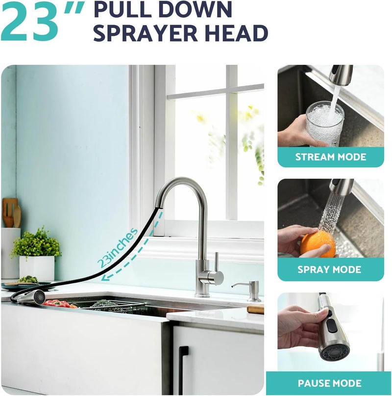 kicimpro Kitchen Sink Faucet with Soap Dispenser, 3 Modes Kitchen Faucet with Pull Down Sprayer and Soap Dispenser, 304 Stainless Brushed Nickel Single Handle Kitchen Bar Faucets with Water Lines - Image 3