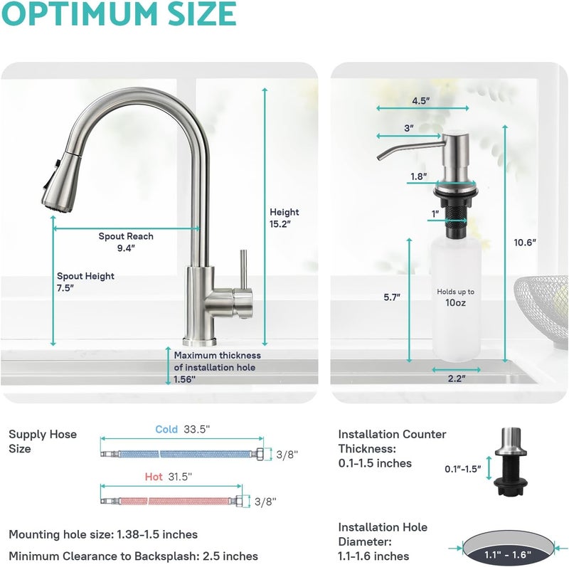 kicimpro Kitchen Sink Faucet with Soap Dispenser, 3 Modes Kitchen Faucet with Pull Down Sprayer and Soap Dispenser, 304 Stainless Brushed Nickel Single Handle Kitchen Bar Faucets with Water Lines - Image 5
