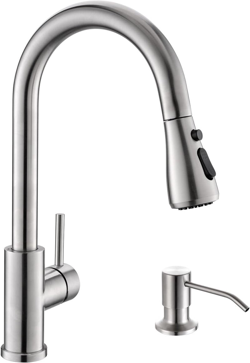 kicimpro Kitchen Sink Faucet with Soap Dispenser, 3 Modes Kitchen Faucet with Pull Down Sprayer and Soap Dispenser, 304 Stainless Brushed Nickel Single Handle Kitchen Bar Faucets with Water Lines - Image 1