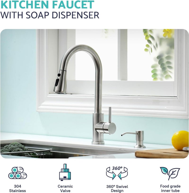 kicimpro Kitchen Sink Faucet with Soap Dispenser, 3 Modes Kitchen Faucet with Pull Down Sprayer and Soap Dispenser, 304 Stainless Brushed Nickel Single Handle Kitchen Bar Faucets with Water Lines - Image 2