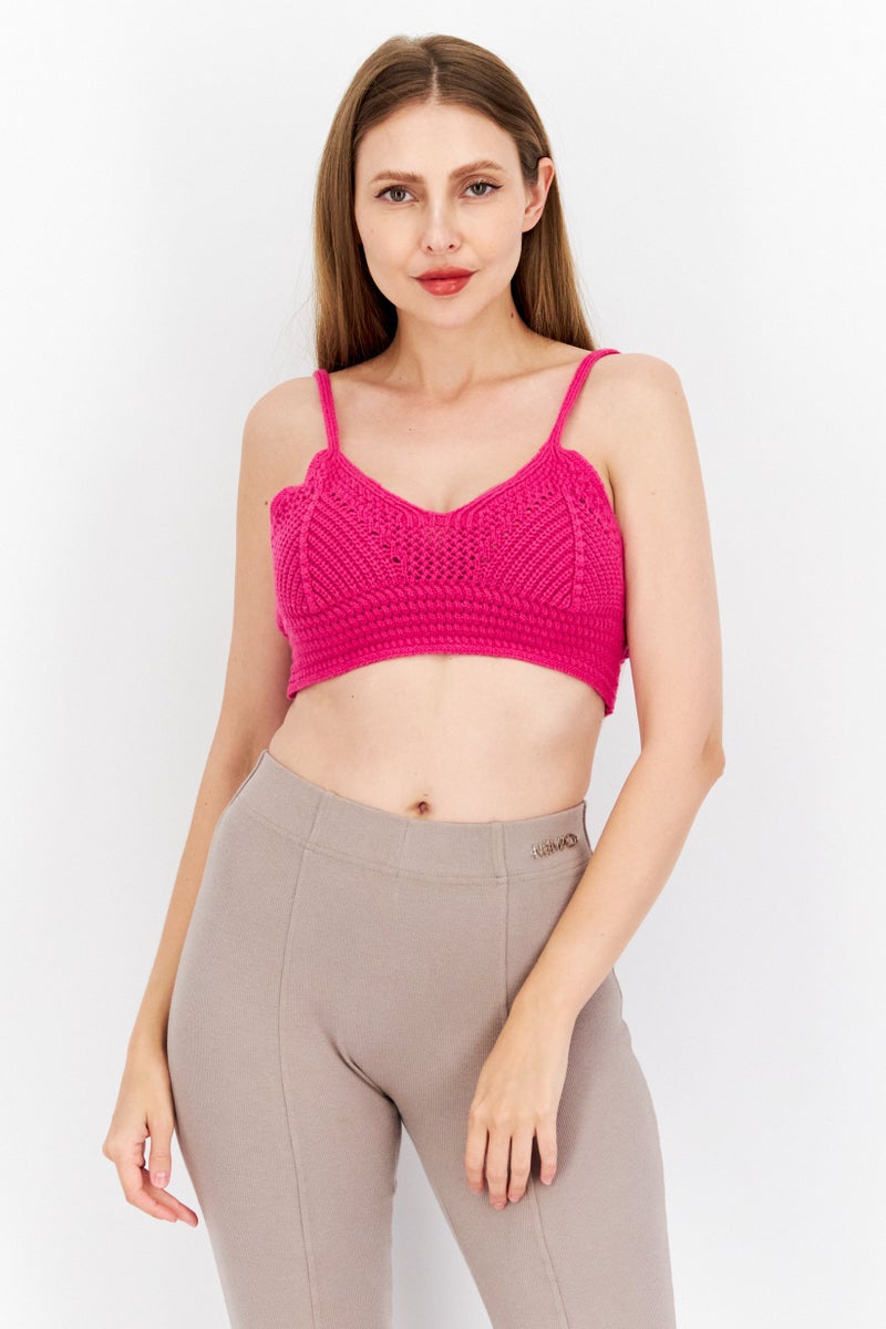 Aqua Women V-Neck Sleeveless Crochet Cropped, Dark Pink - Image 1