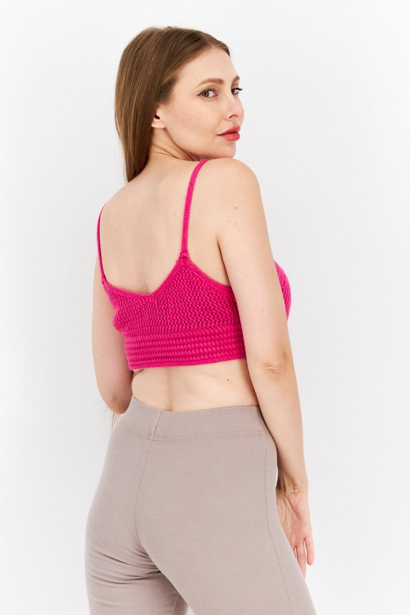 Aqua Women V-Neck Sleeveless Crochet Cropped, Dark Pink - Image 3