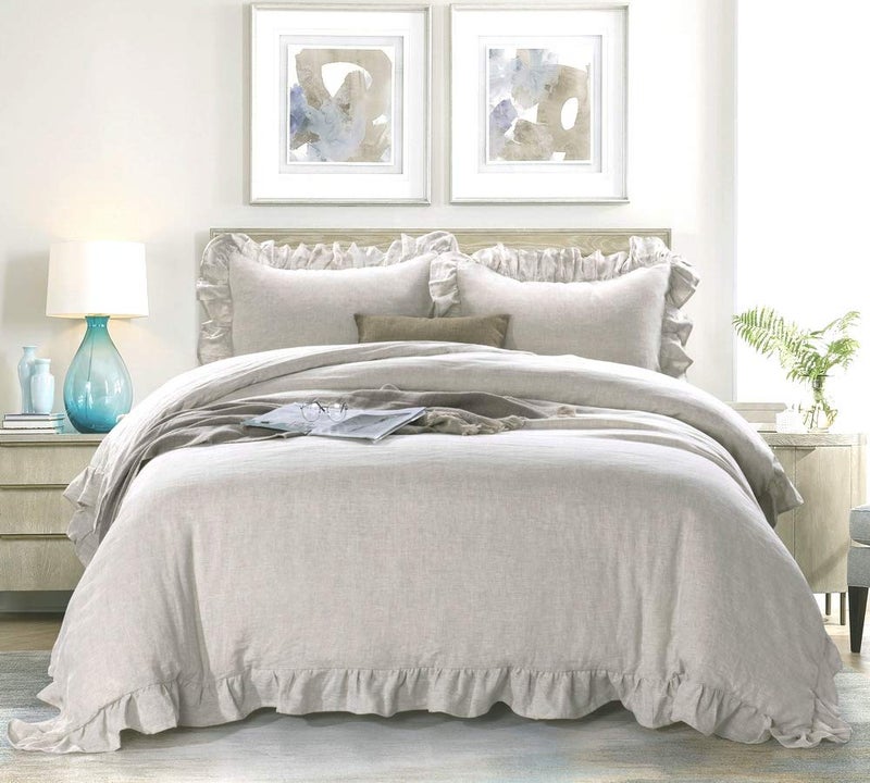 MEADOW PARK 100% Stone Washed Linen Duvet Cover Set 3 Pieces, Queen Size 90 inches x 92 inches, Shams 20 inches x 26 inches, Ruffled Style, Button Closure, Corner Ties, Super Soft, Solid Natural color - Image 1