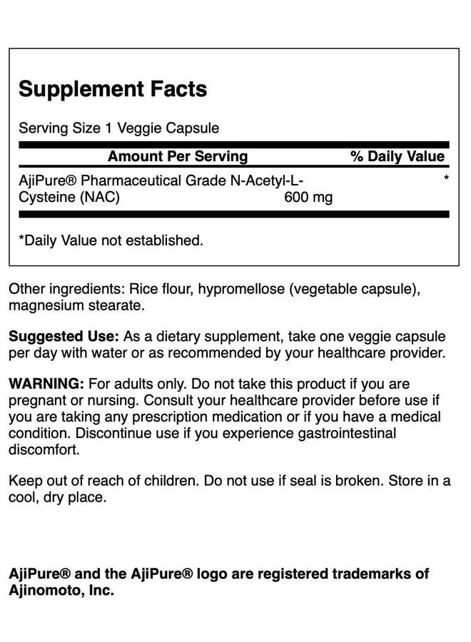 Swanson Amino Acid Ajipure N-Acetyl-L-Cysteine Pharmaceutical Grade 600 Milligrams 60 Veg Capsules - Image 2