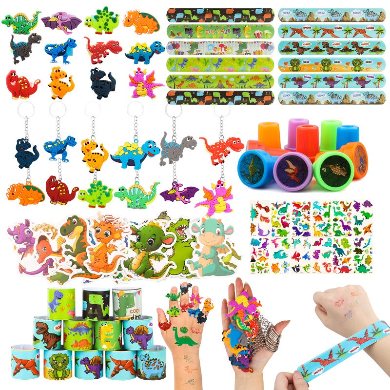 CHRIMISS 108Pcs Dinosaur Party Favors Dinosaur Stamps Slap Bracelets Keychains Rings Stickers Temporary Tattoos for Kids Birthday Party Supplies Carnival Prizes Prize Box Gift Pinata Goodie Bag Fillers - Image 2