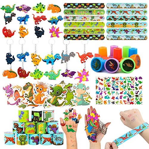 CHRIMISS 108Pcs Dinosaur Party Favors Dinosaur Stamps Slap Bracelets Keychains Rings Stickers Temporary Tattoos for Kids Birthday Party Supplies Carnival Prizes Prize Box Gift Pinata Goodie Bag Fillers - Image 1