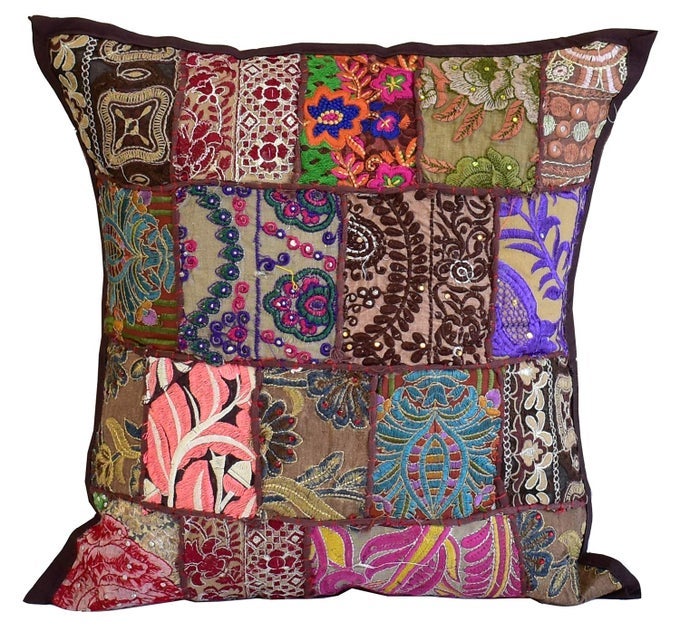 17X17 COTTON PATCHWORK KHAMBADIYA SQUARE CUSHIONPILLOW DESIGNER COVER BROWN ONLY COVER WITHOUT ANY FILLING