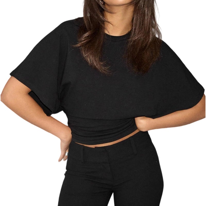 Foidiccx Womens Wide Short Sleeve Y2k Shirts Summer Going Out Corset Grunge Tops Loose Fit Tee Streetwear Cinched Waist T Shirt Vintage Aesthetic Fitted Casual Cropped Top (Black, L) - Image 1