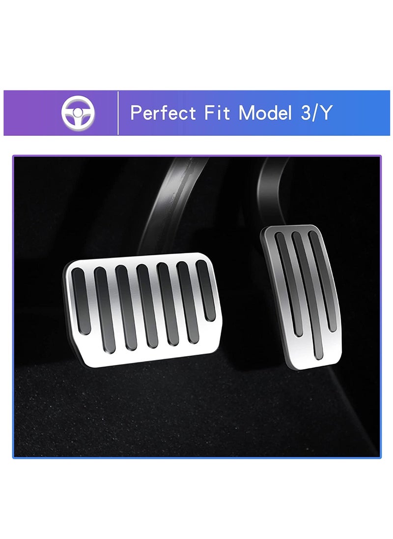 دواسات قدم Tesla Model 3 / Y، دواسة وقود ودواسة فرامل بديلة غير قابلة للانزلاق من سبائك الألومنيوم، مجموعة من قطعتين (فضية)