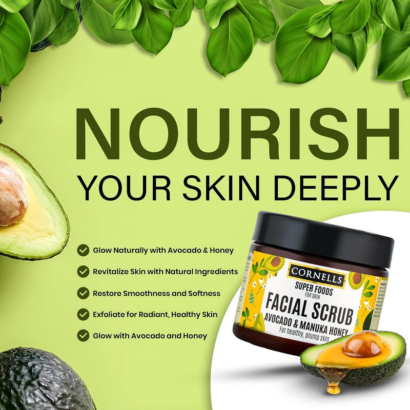 CORNELLS WELLNESS CORNELLS Super Foods Avocado & Manuka Honey Face Scrub For Healthy & Plump Skin | Men & Women Face Scrub | Deep Nourishment & Hydration - 330ml - Image 2