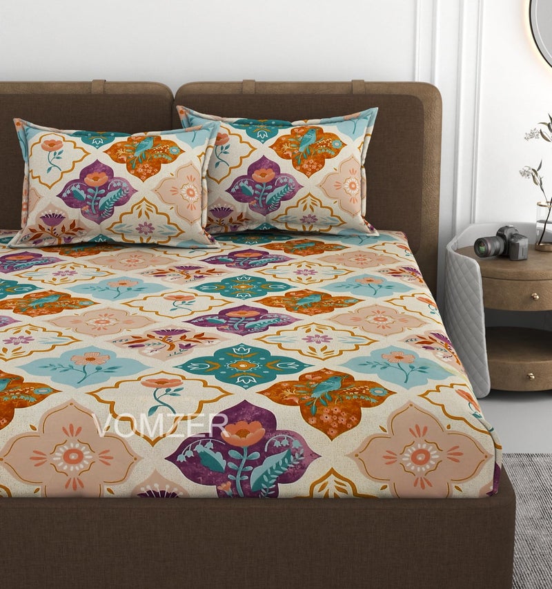 VOMZER 320 TC Cotton Feel All Around Elastic Fitted Queen Size Bedsheets, Supersoft Elastic Fitted Double Bedsheet with 2 Pillow Covers, Size 60x78x8 Inches (Multi Color) - Image 2