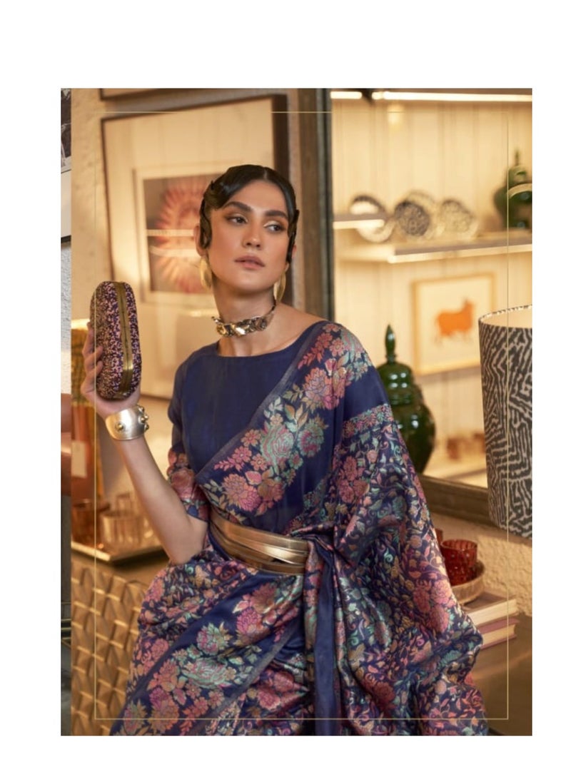 Grab Mantra - Traditional Silk Blue Saree With Coloured Print Design And Border Plus Unstitched Plain Blouse - Image 1