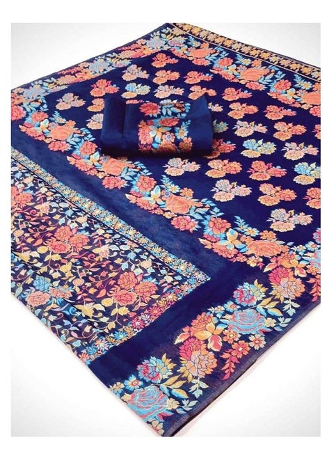 Traditional Silk Blue Saree With Coloured Print Design And Border Plus Unstitched Plain Blouse