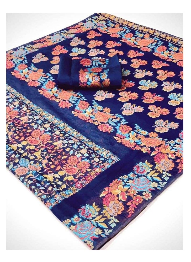 Grab Mantra - Traditional Silk Blue Saree With Coloured Print Design And Border Plus Unstitched Plain Blouse - Image 1