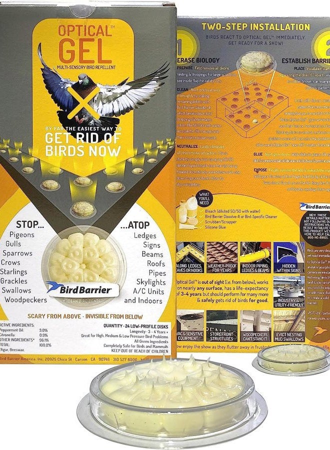 Bird Barrier Optical Gel (24 Pack) Multi-Sensory Bird Repellent. Seen as Dishes of Fire that scares birds away. Humane Alternative to Bird Spikes. Effective as a Woodpecker, Pigeon and Bird Deterrent - Image 1