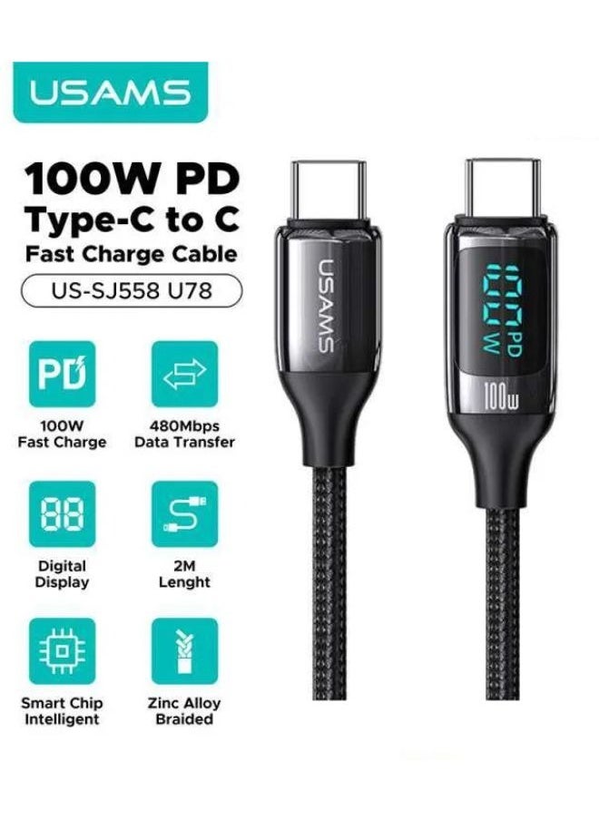 USB-C to USB-C Cable 100W Digital Display PD Fast Charging & Data Cable Zinc Alloy Plug Braided Cord For Iphone/Ipad/Macbook 2 meters