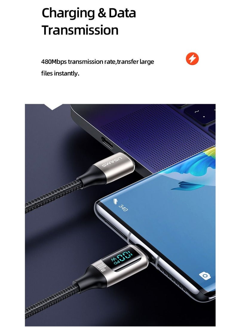 Usams - USB-C to USB-C Cable 100W Digital Display PD Fast Charging & Data Cable Zinc Alloy Plug Braided Cord For Iphone/Ipad/Macbook 2 meters - Image 1