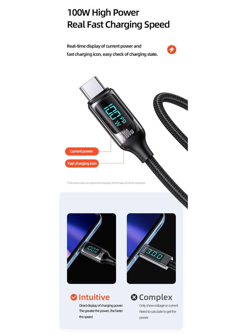 Usams - USB-C to USB-C Cable 100W Digital Display PD Fast Charging & Data Cable Zinc Alloy Plug Braided Cord For Iphone/Ipad/Macbook 2 meters - Image 1