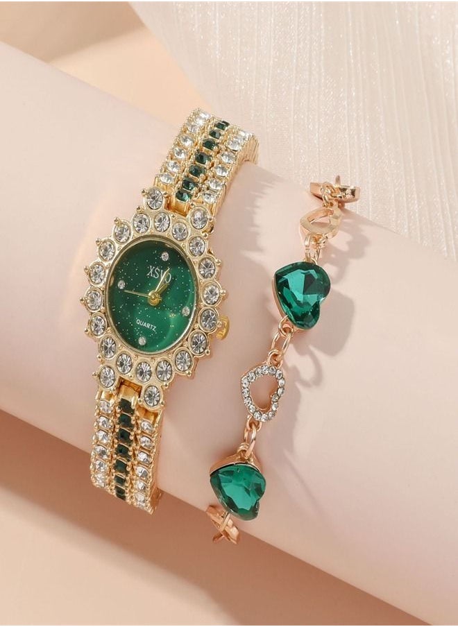 XSVO - Best Gift For Women 4Pcs Emerald Watch With Bracelets Necklace And Earrings Gift Set - Image 1
