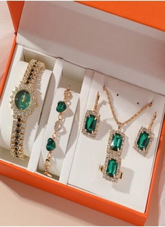 Best Gift For Women 4Pcs Emerald Watch With Bracelets Necklace And Earrings Gift Set