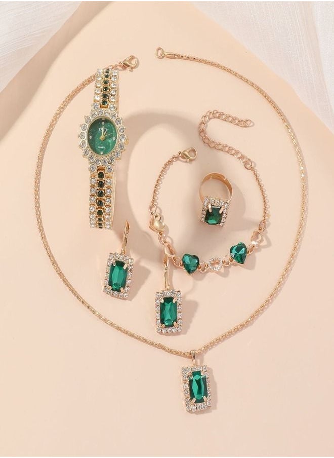 XSVO - Best Gift For Women 4Pcs Emerald Watch With Bracelets Necklace And Earrings Gift Set - Image 1