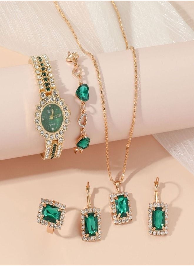 XSVO - Best Gift For Women 4Pcs Emerald Watch With Bracelets Necklace And Earrings Gift Set - Image 1