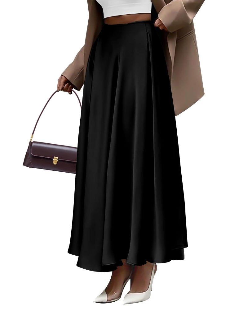 BTFBM Satin Skirts for Women Spring Fashion 2026 Elegant Flowy A-Line Cocktail Formal Silk Maxi Skirt Night Out Outfits(Black, X-Large) - Image 1