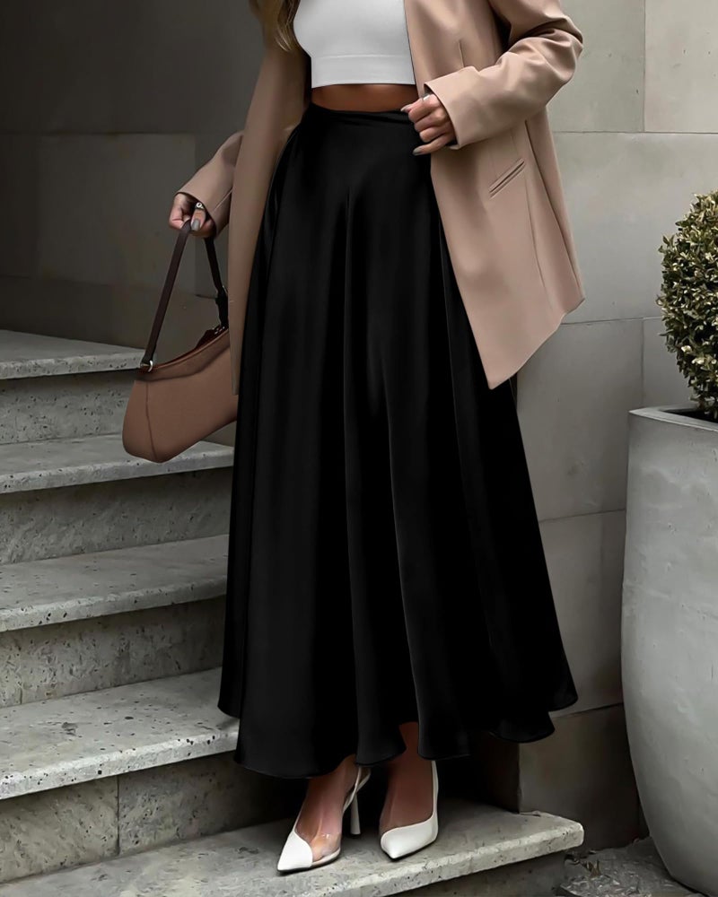 BTFBM Satin Skirts for Women Spring Fashion 2026 Elegant Flowy A-Line Cocktail Formal Silk Maxi Skirt Night Out Outfits(Black, X-Large) - Image 2