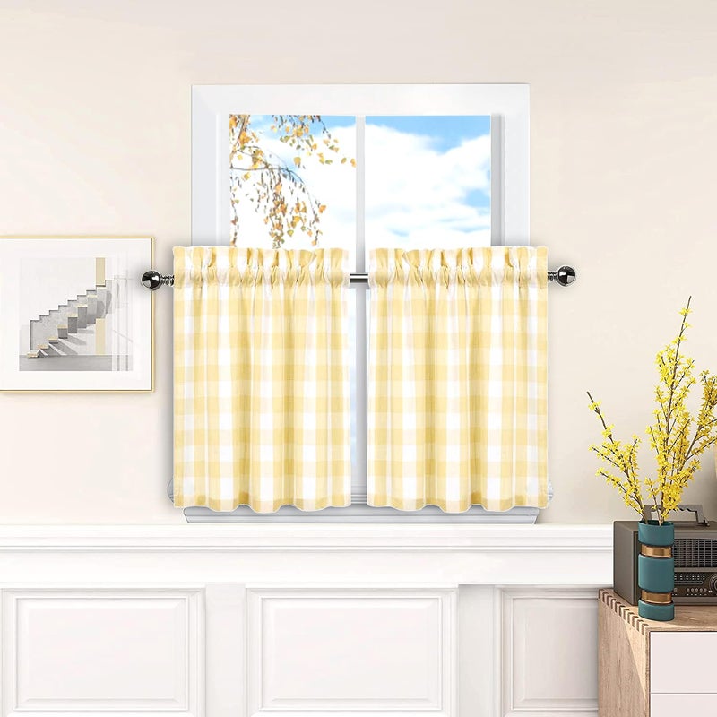 Amzdecor Buffalo Check Window Kitchen Tier Set  Yarn Dyed Curtains for Kitchen Small Cafe Curtains for Window Treatment Set Rod Pocket Half Window Curtain  28"" W x45 L  Yellow/White - Image 1
