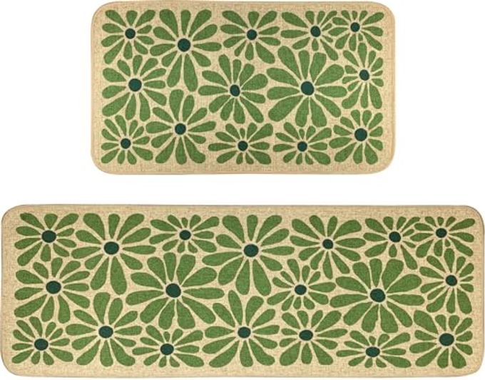 SHIYUE Green Kitchen Mat Set of 2, Boho Flower Kitchen Rugs Farmhouse Modern, Non Skid Washable Rubber Runner Rugs, Kitchen Decor Accessories17x47in+17x30in - Image 4