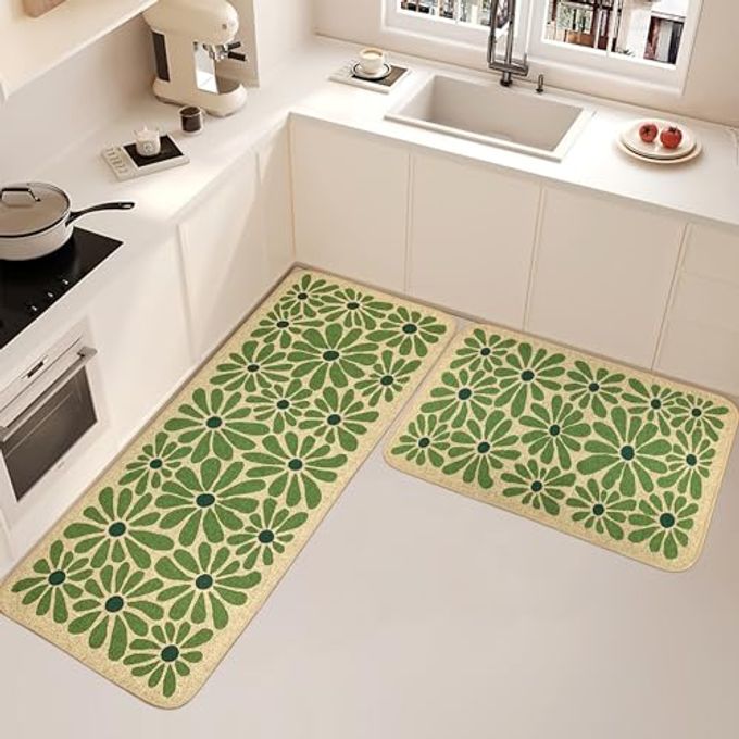 SHIYUE Green Kitchen Mat Set of 2, Boho Flower Kitchen Rugs Farmhouse Modern, Non Skid Washable Rubber Runner Rugs, Kitchen Decor Accessories17x47in+17x30in - Image 2