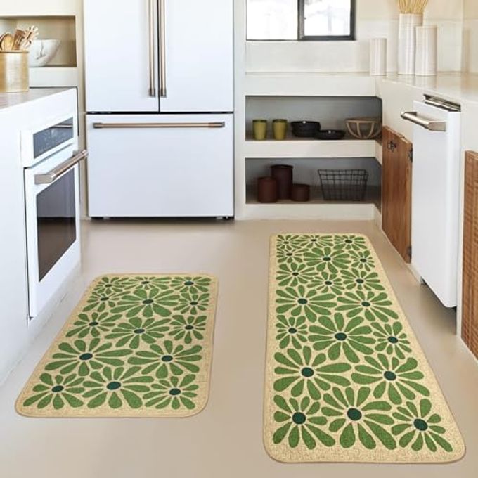 SHIYUE Green Kitchen Mat Set of 2, Boho Flower Kitchen Rugs Farmhouse Modern, Non Skid Washable Rubber Runner Rugs, Kitchen Decor Accessories17x47in+17x30in - Image 3