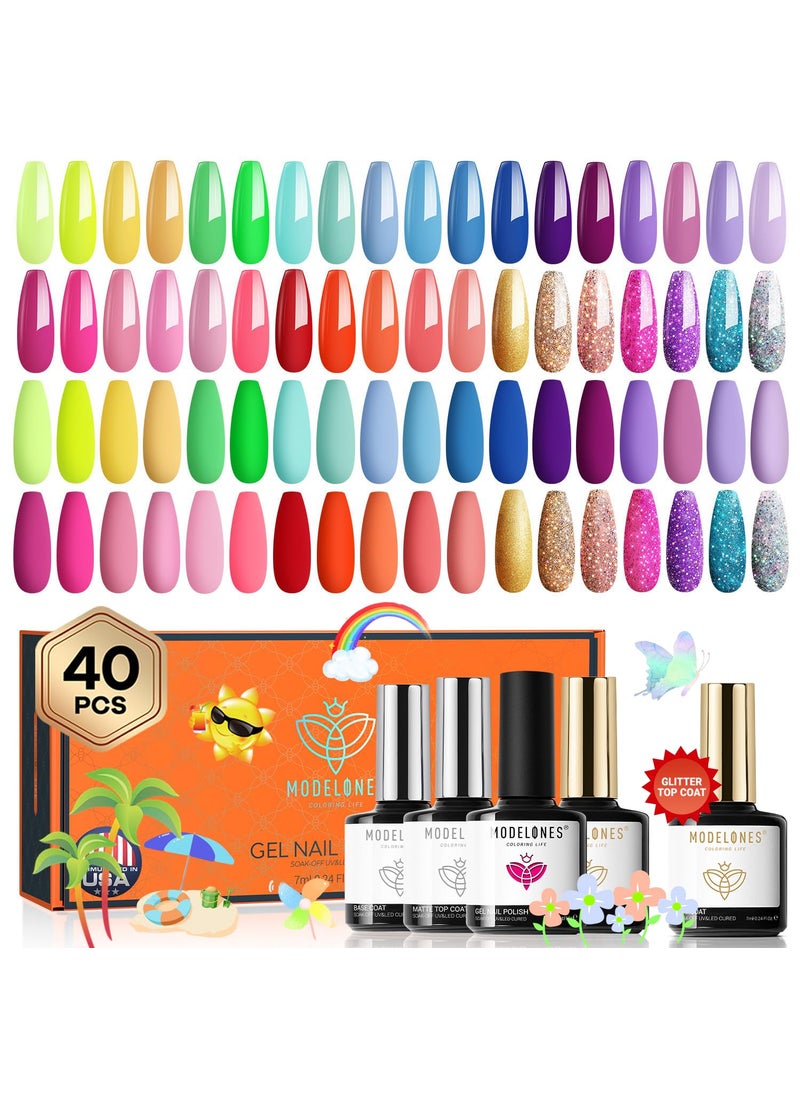 modelones - modelones Gel Nail Polish Set, 36 Pastel Rainbow Colors 7ML Soft Pink Red Green Summer Neon Gel Polish Glitter Nude Soak Off LED Gel Nail Polish Kit Nail Art for Starter DIY Holiday Gift - Image 1