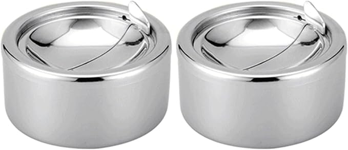 Waterproof Metal Ashtray With Lid Medium Size 2 Pieces Outdoor Car Tabletop Round Clamshell Container - Image 1