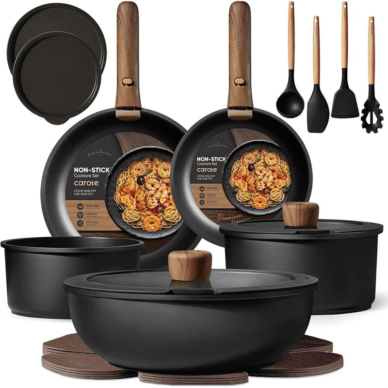 Carote Non Stick Cookware Set with Detachable Handle – Induction, Gas & Oven Compatible, Dishwasher Safe, Space Saving Kitchen Pots and Pans, Healthy Cooking Set (19 Piece, Black) | Induction Safe, Dishwasher and Oven Safe, Space Saving, Camping RV, Travel, Kitchen Set - Image 1