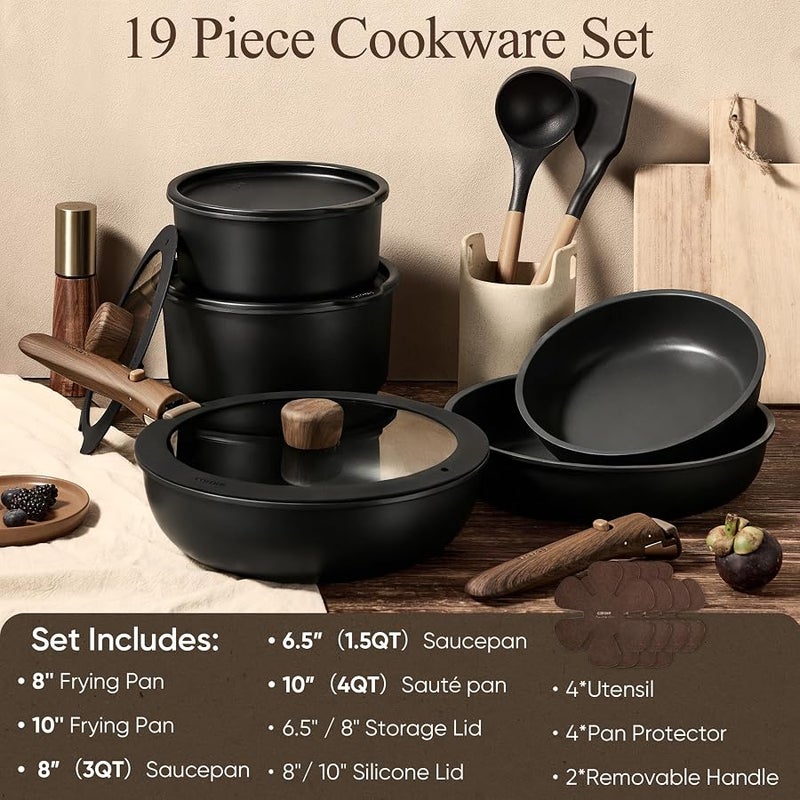 Carote Non Stick Cookware Set with Detachable Handle – Induction, Gas & Oven Compatible, Dishwasher Safe, Space Saving Kitchen Pots and Pans, Healthy Cooking Set (19 Piece, Black) | Induction Safe, Dishwasher and Oven Safe, Space Saving, Camping RV, Travel, Kitchen Set - Image 2