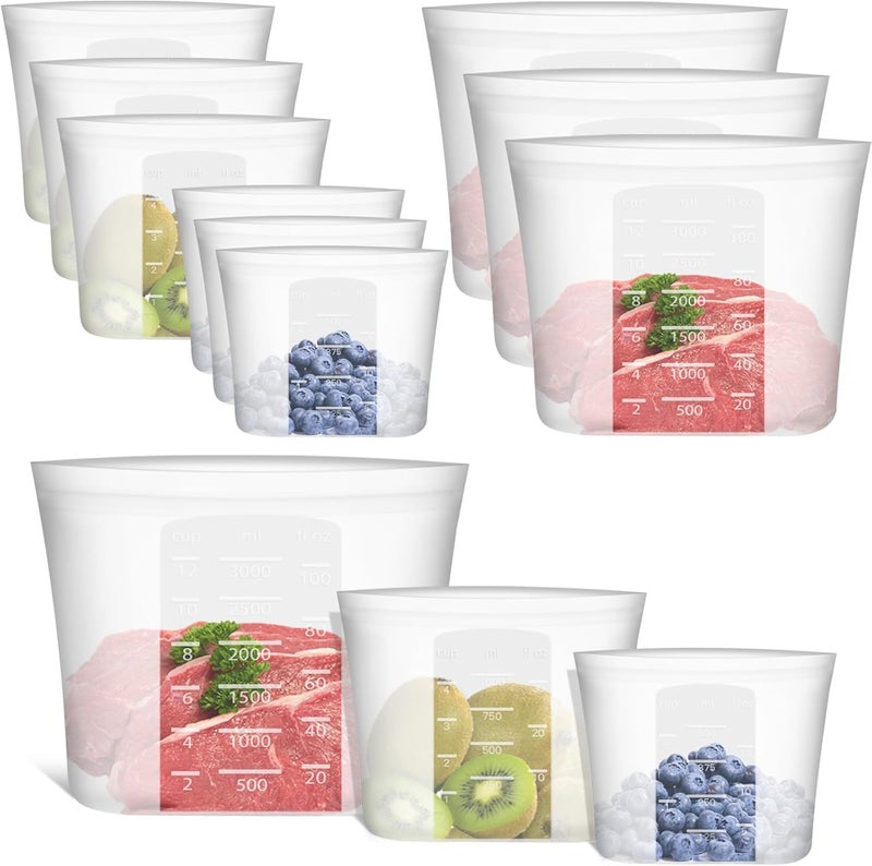 Annaklin 100% Silicone Reusable Storage Bag, 9 Pack Stand-Up Wide-Mouth Zip-Lock Food Storage Bags, Easy-Fill Easy-Open Easy-Clean Space-Saving, Microwave & Dishwasher Safe, Gallon/Sandwich/Snack, Translucent - Image 1