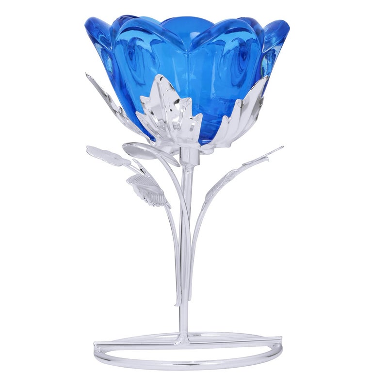 Badhai Box by Osasbazaar Silver Plated Candle Stand with Glass Rose Tealight Candle Holder Decorative Bath Accessory Candlelight Dinner Decoration