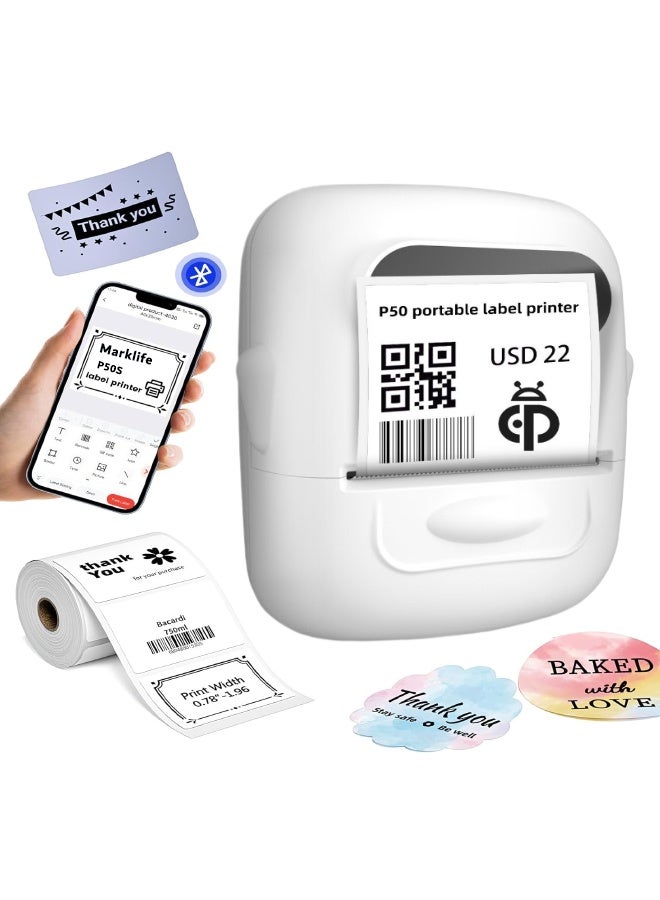 Marklife Label Maker, Bluetooth Label Maker, Sticker Label Maker, Mini Label Printer, Thermal Printer for Tag, Kitchen, Clothes, Food, Barcode, Price, White (With 1 Roll Label) - Image 1