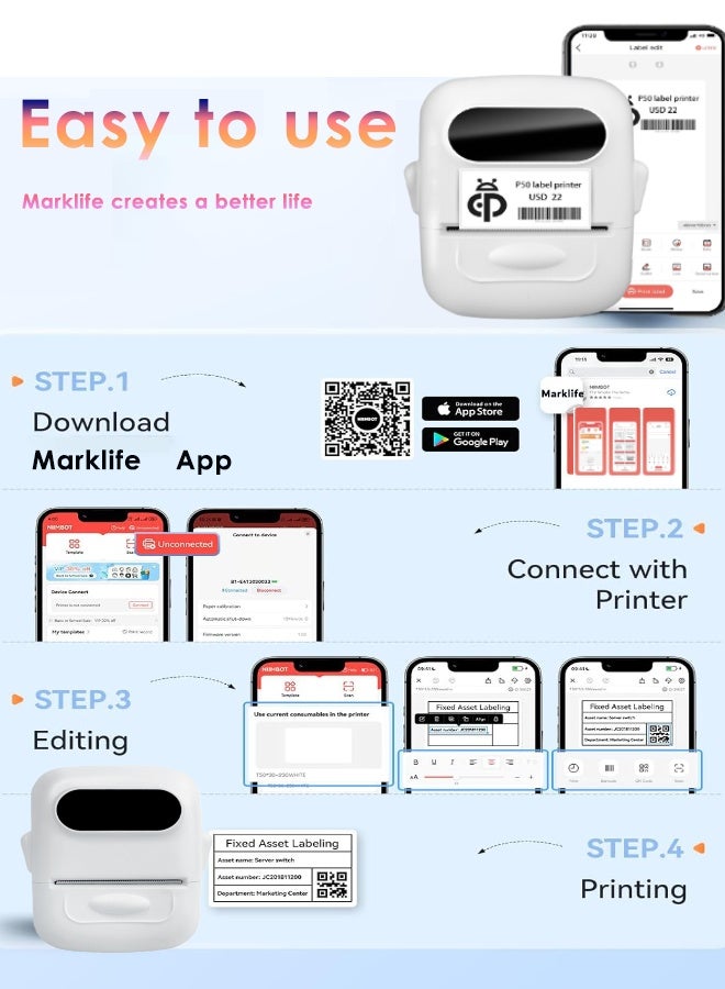 Marklife Label Maker, Bluetooth Label Maker, Sticker Label Maker, Mini Label Printer, Thermal Printer for Tag, Kitchen, Clothes, Food, Barcode, Price, White (With 1 Roll Label) - Image 2