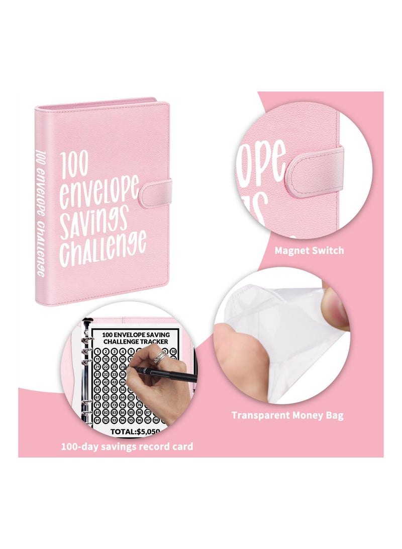 100 ظرف تحدي توفير المال - مجلد ميزانية A5 مع كتاب تحديات التوفير وملصقات رقمية، طريقة ممتعة وسهلة لتوفير 5,050 دولار، مقاوم للماء ومقاوم للتمزق (وردي) - Image 3