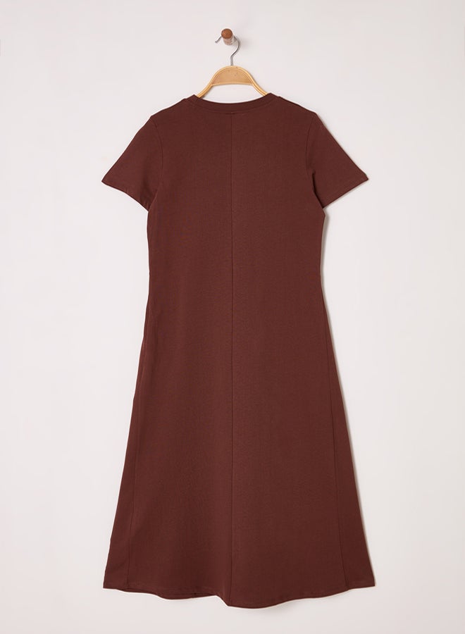Brown Plain T-shirt Dress Pocket Midi Knitted Dress