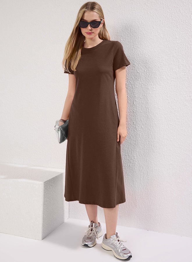 Brown Plain T-shirt Dress Pocket Midi Knitted Dress